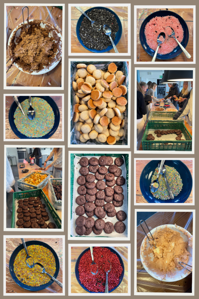 This is a collage of what was prepared by the students. Pictured are chocolate and sugar cookies, as well as chocolate and strawberry frosting. You also see pictures of six different sprinkles options. Yum!